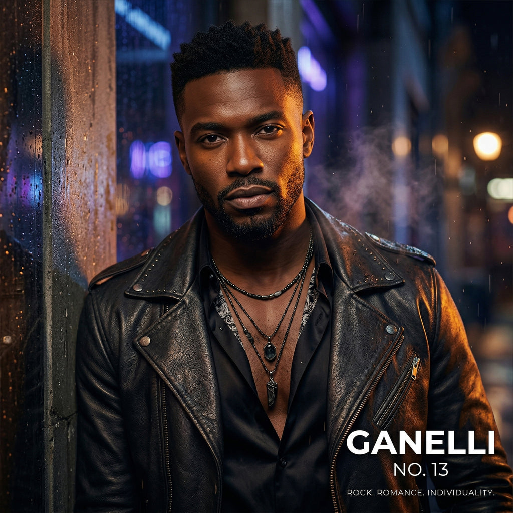 Ganelli No.13 for Him Eau de Parfum, bold spicy men's perfume shown on a man in a black leather jacket