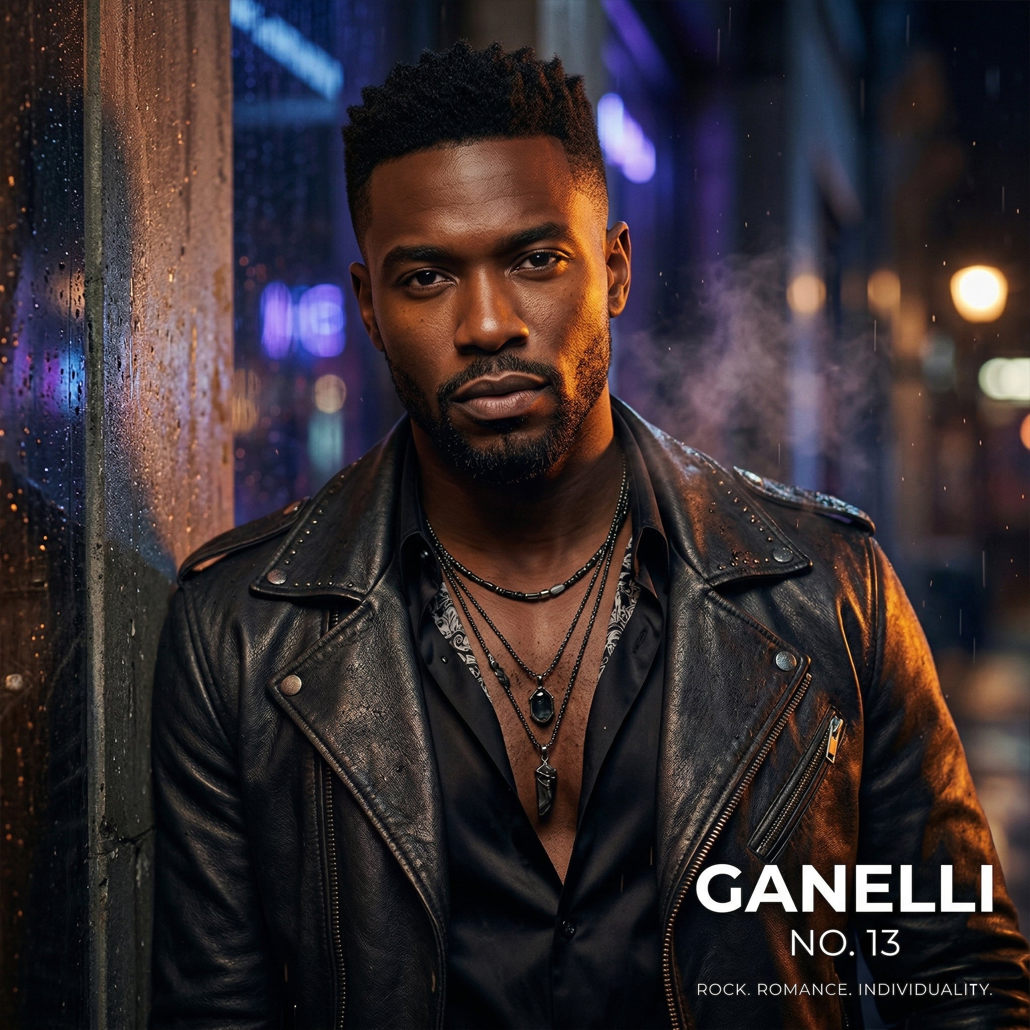 Ganelli No.13 for Him Eau de Parfum, bold spicy men's perfume shown on a man in a black leather jacket