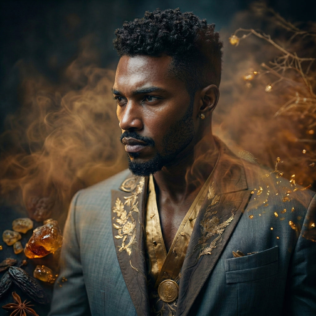 Ganelli No.14 for Him perfume — aromatic spicy men’s Eau de Parfum; model in gold-embellished suit.