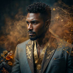 Ganelli No.14 for Him perfume — aromatic spicy men’s Eau de Parfum; model in gold-embellished suit.