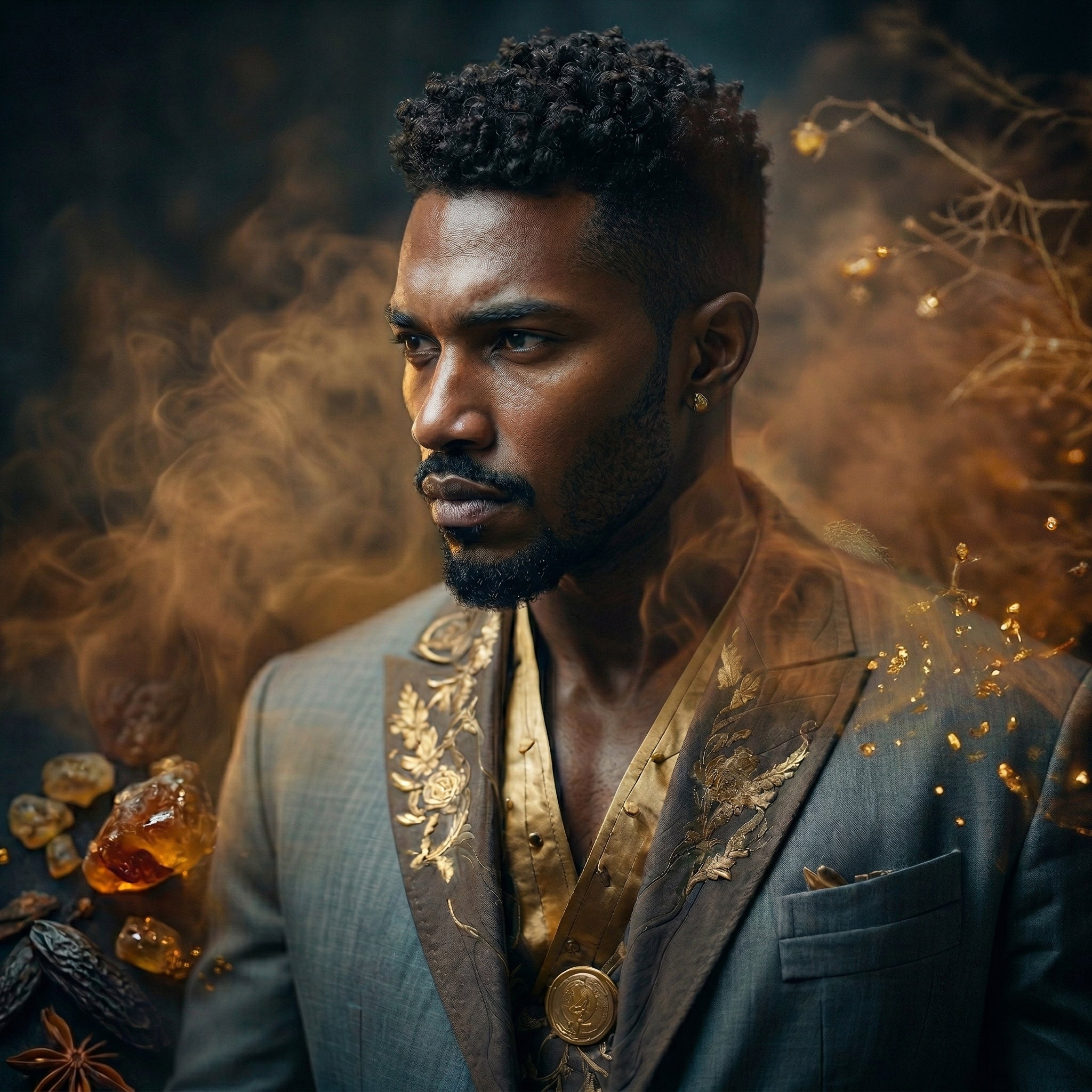 Ganelli No.14 for Him perfume — aromatic spicy men’s Eau de Parfum; model in gold-embellished suit.