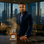 Ganelli No.15 for Him Eau de Parfum bottle on desk with gloves; man in navy velvet suit.