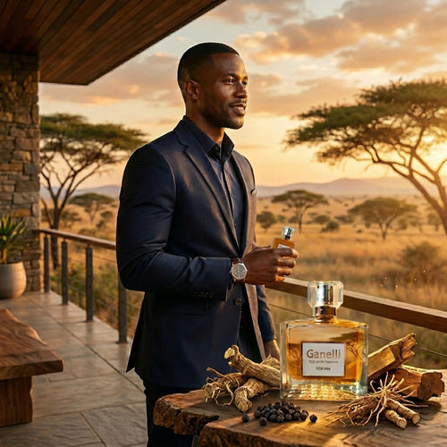 Perfume Ganelli No. 1 for Him – Citrus Woody EDP; clear glass bottle with amber juice on a wooden table.