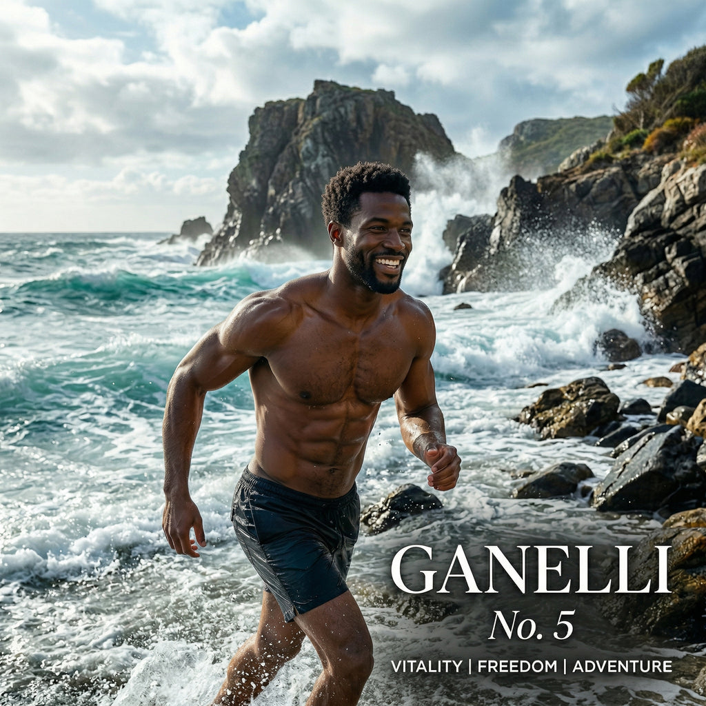 Ganelli No. 5 for Him perfume by Ganelli; aquatic fresh EDP, man running along rocky coastline.
