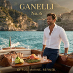 Ganelli No. 6 for Him Eau de Parfum ad; man in white shirt on a yacht with citrus on a table.
