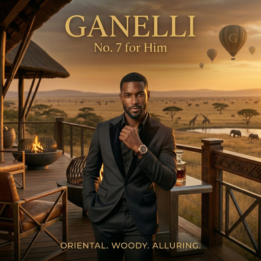 Perfume Ganelli No.7 for Him — Oriental Woody Eau de Parfum bottle on an outdoor balcony.