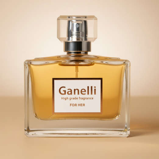 Ganelli No. 8 for Her perfume in a square glass bottle with amber liquid and a faceted cap