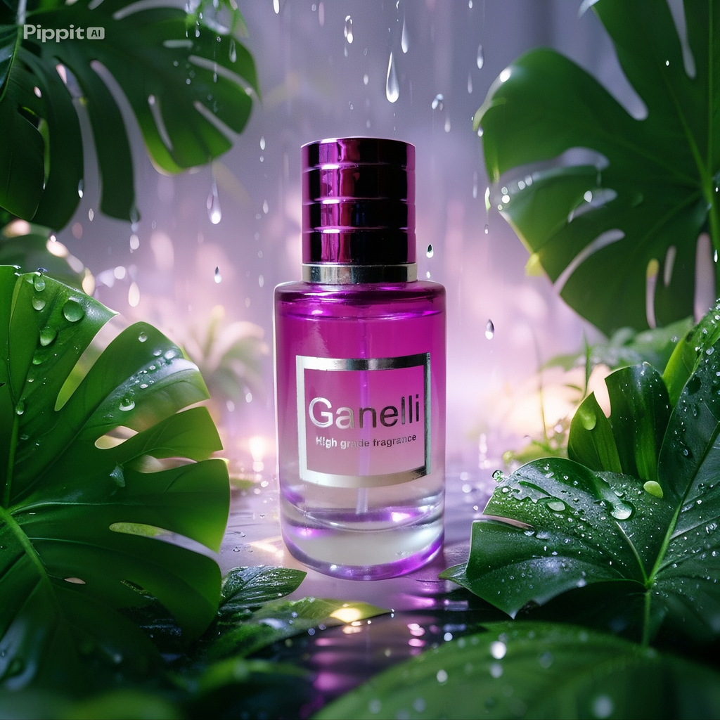 Ganelli No. 3 for Her perfume bottle in purple glass with silver label, surrounded by green tropical leaves