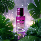 Ganelli No. 3 for Her perfume bottle in purple glass with silver label, surrounded by green tropical leaves