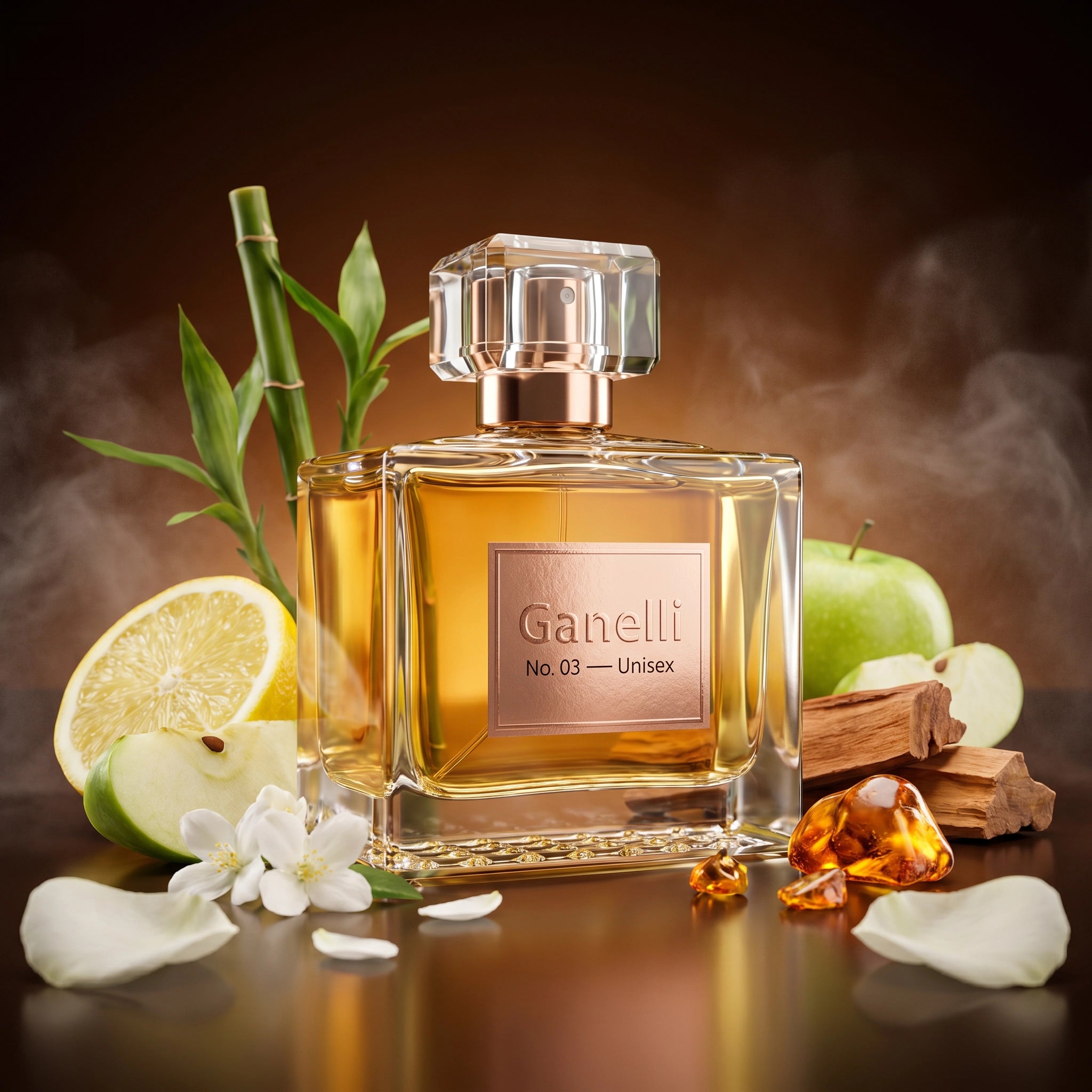 Ganelli perfume bottle with fruits, flowers, and spices on a dark background