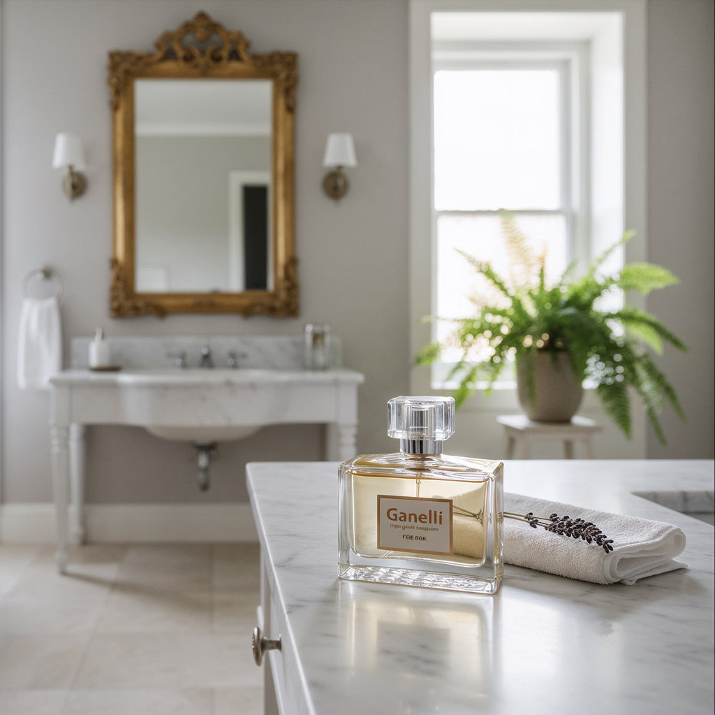 Ganelli No. 1 for Her perfume bottle on marble bathroom counter beside a folded towel