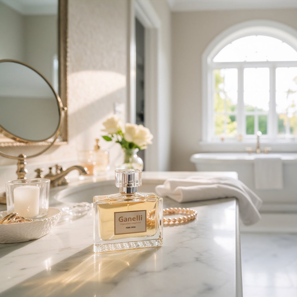 Perfume Ganelli No. 1 for Her: clear glass bottle with pale amber liquid on a marble countertop, Ganelli eau de parfum.