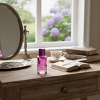 Ganelli No. 3 for Her Eau de Parfum; pink glass bottle on a wooden dresser with books, teacup, and mirror