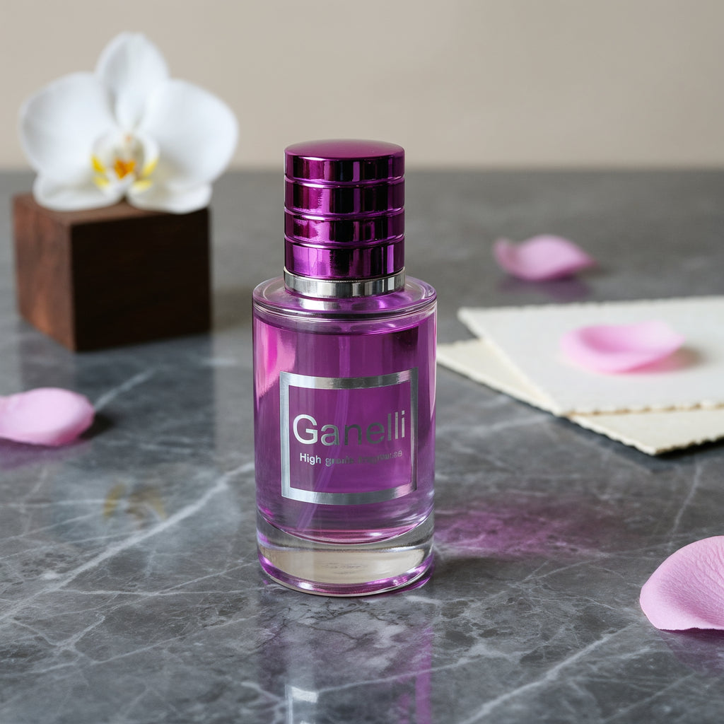 Ganelli No. 7 for Her perfume bottle in purple glass with silver label, eau de parfum